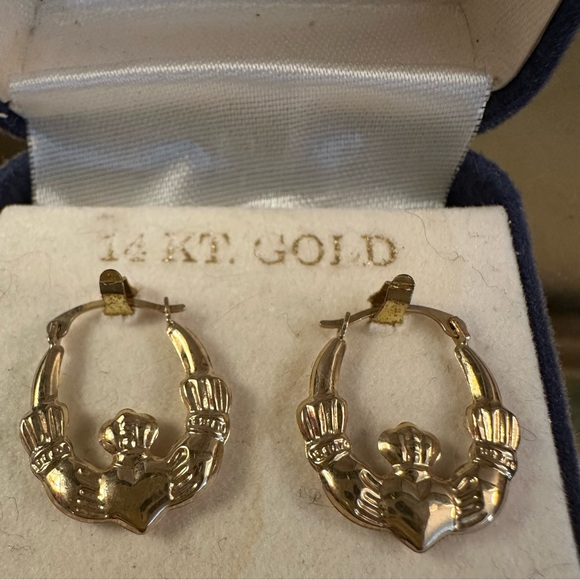 14K Gold Claddagh Creole Hoop Earrings - Picture 2 of 5